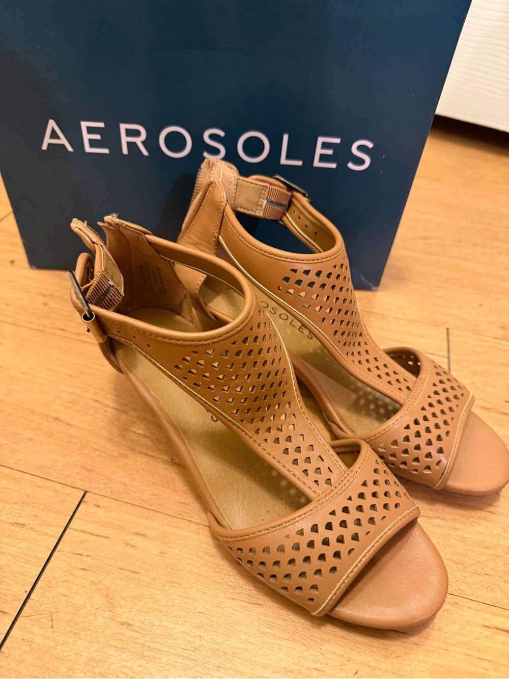 AEROSOLES Cognac Laser-Cut Peep-Toe Wedge Sandals